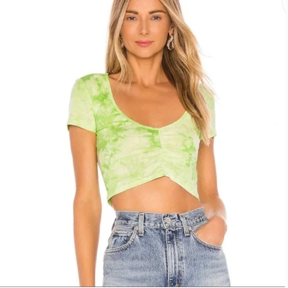 Superdown Lime Tie-Dye Ruched Crop Top, Size XS